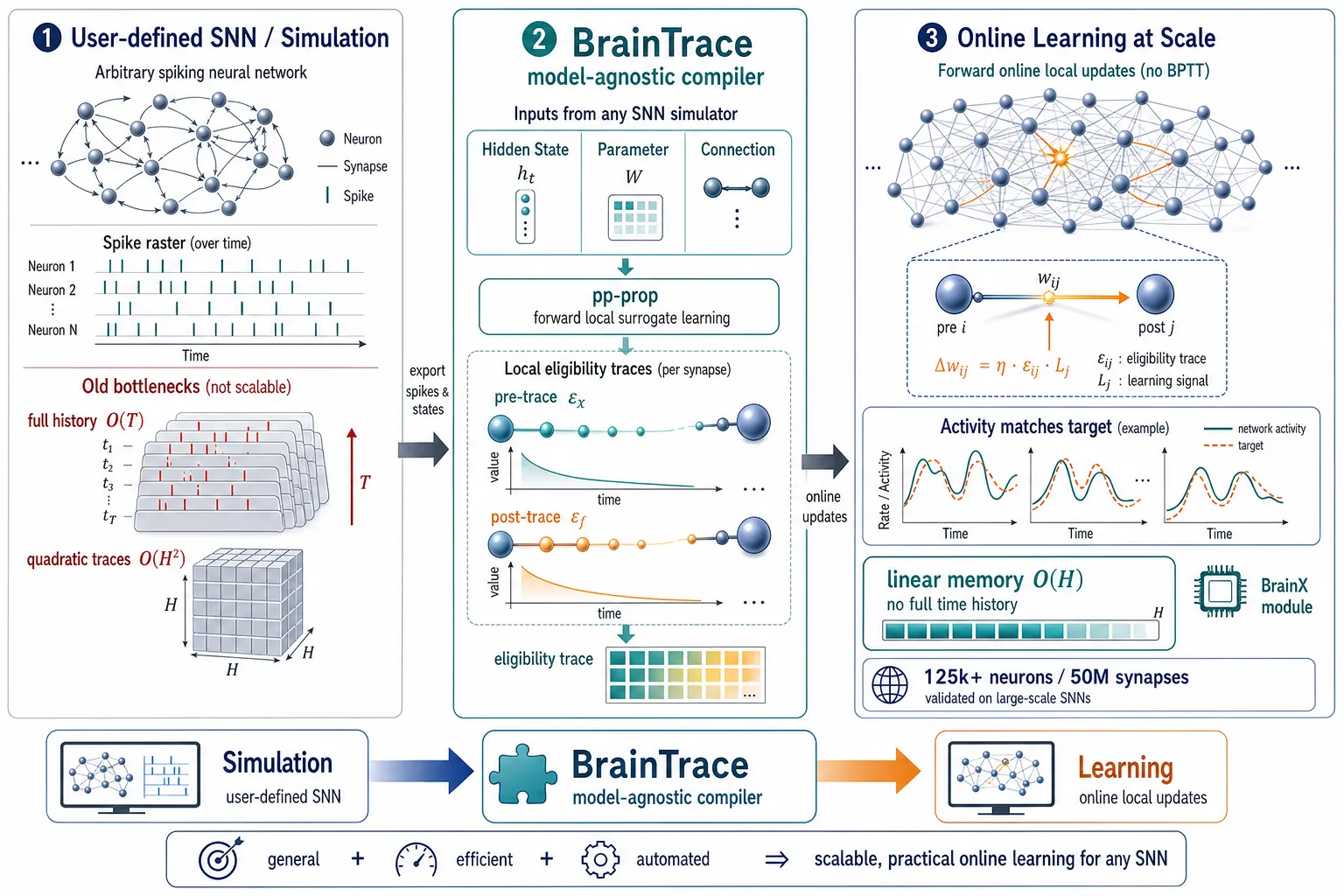 BrainTrace：脉冲神经网络的模型无关、内存线性在线学习